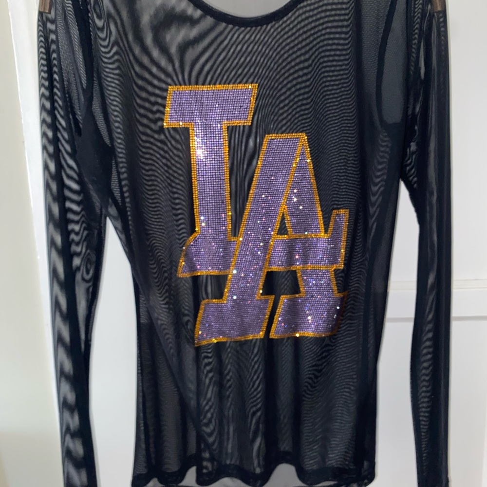 Black Mesh Long Sleeve Top with Purple and Gold Logo